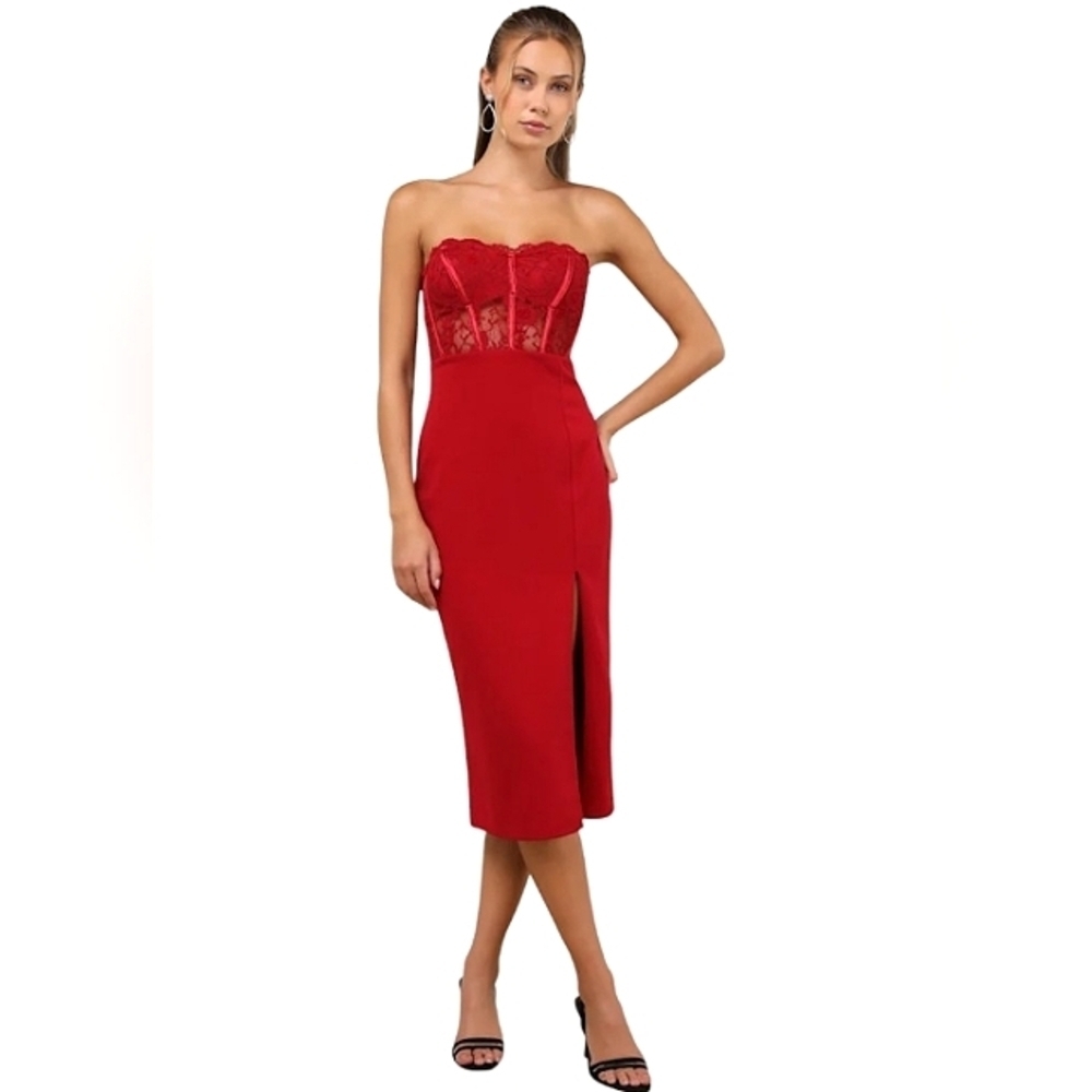Lulus Exquisitely Sultry Wine Red Lace Strapless Bustier Midi Dress Size Large